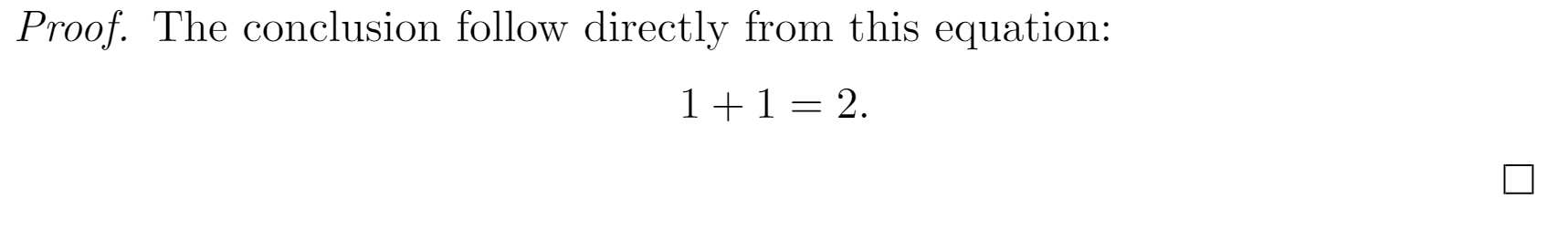 Screenshot of a proof environment that ends with an equation, resulting in the QED mark placed below the equation.