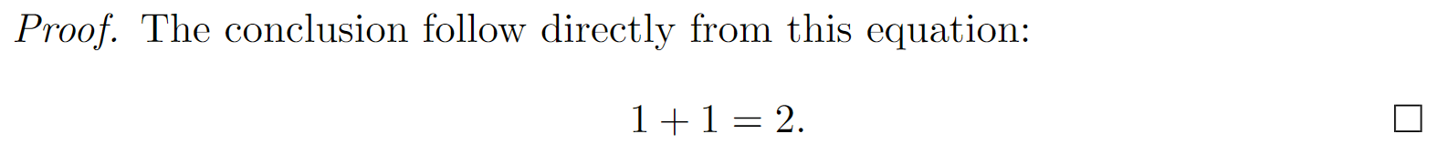 Screenshot of a proof environment that ends with an equation using \qedhere so that the QED mark is placed next to the equation.